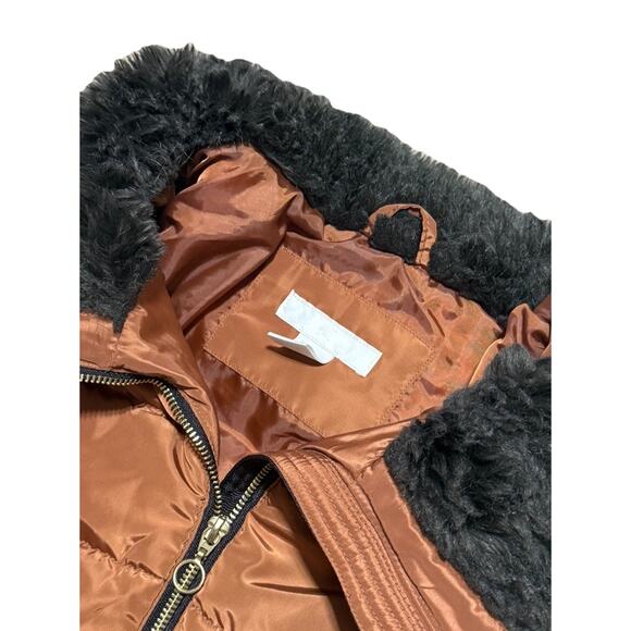 H&M Bronze Brown Puffer Vest Sleeveless Jacket Size Small Faux Fur Collar Zipper - Picture 4 of 7